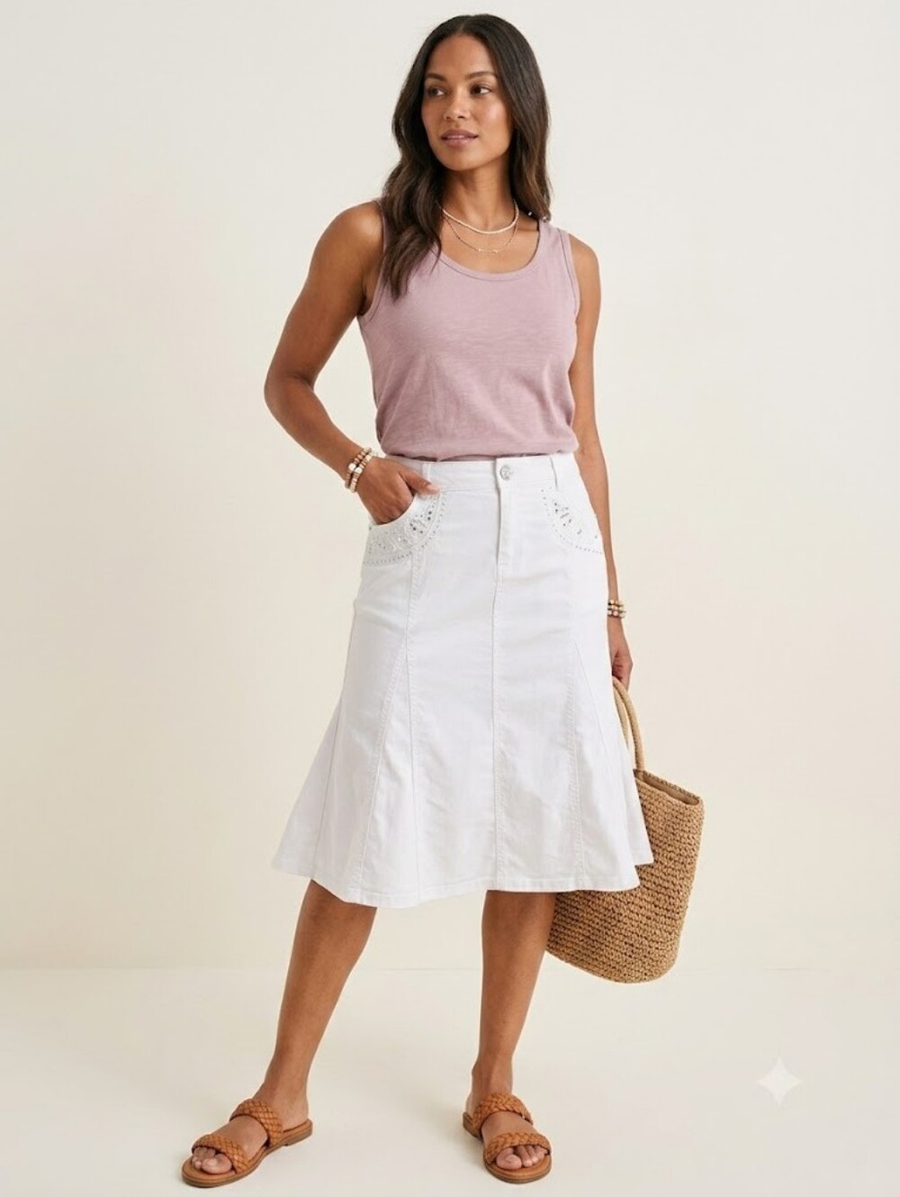 Western Boho Vex Collection Beaded White Cotton Stretch Midi Skirt Summer